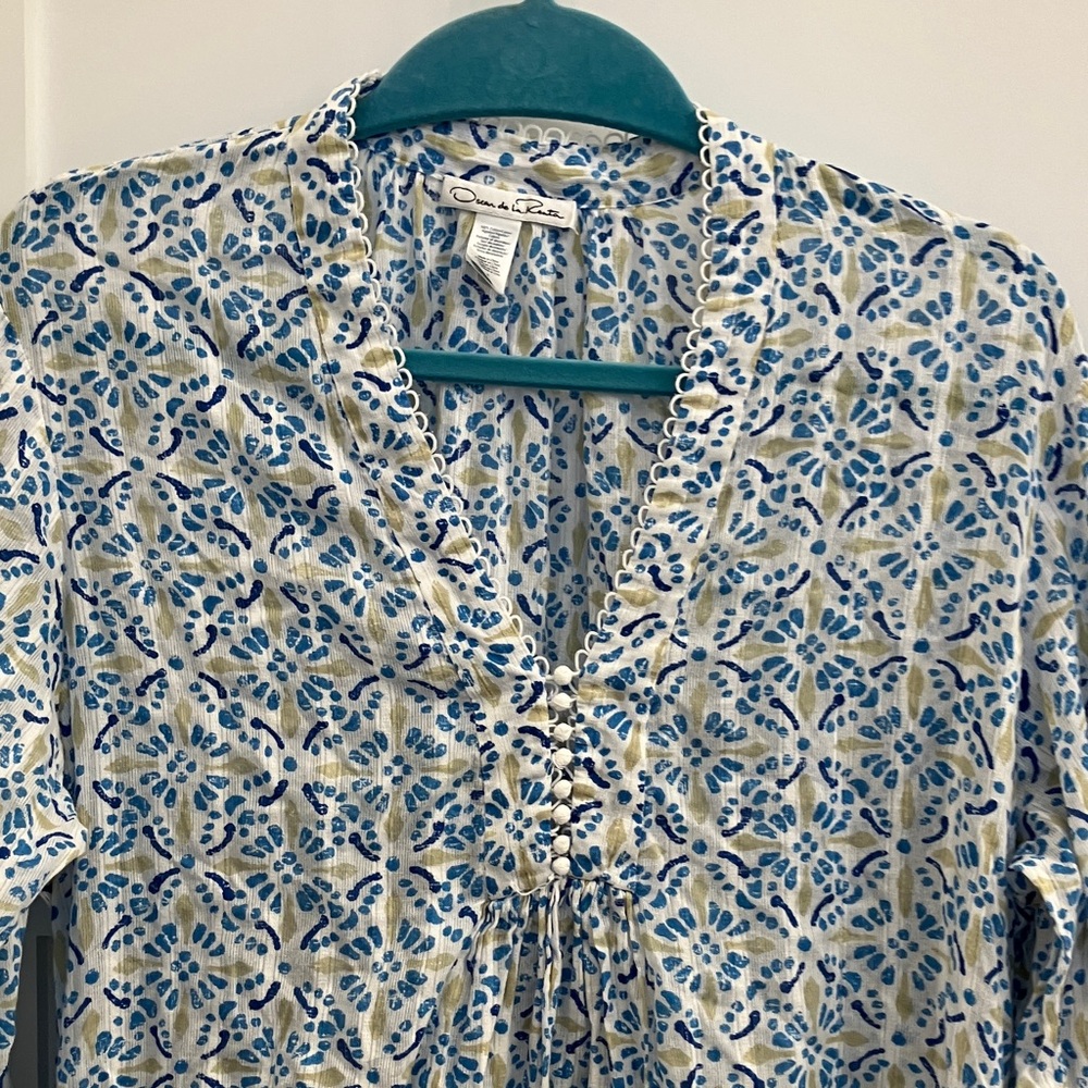 Vintage Oscar de la Renta Cotton Blue and Green Long sleeved Midi Dress